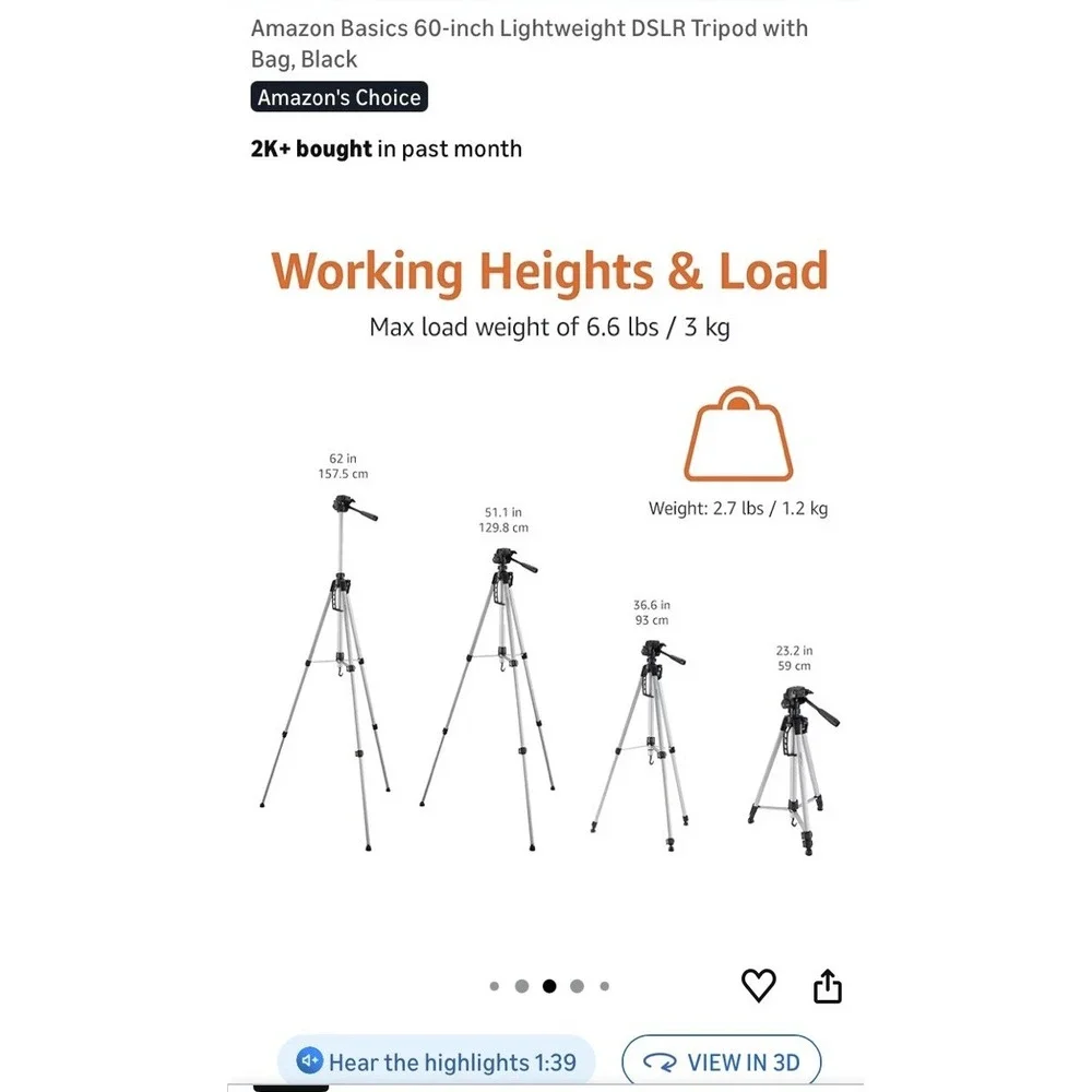 Amazon Basics 60-Inch DSLR Lightweight Tripod For Camera, Phone With‎ Bag, Black